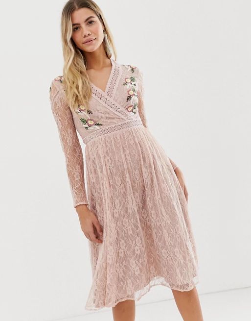 Frock And Frill prairie lace midi dress with embroidered wrap front in soft rose | ASOS US