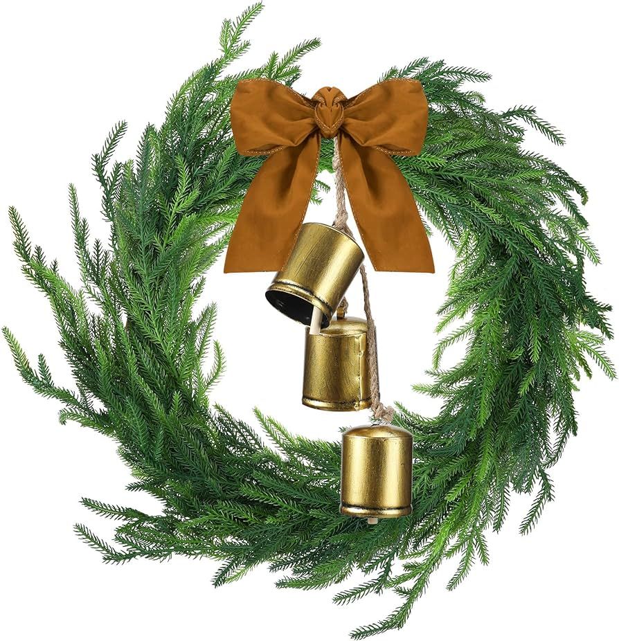 Jutom Realistic Norfolk Pine Wreath with Velvet Ribbon Faux Christmas Norfolk Pine Wreath with 3 ... | Amazon (US)