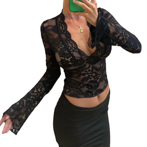 Women Lace Long Sleeve Top Deep V Neck Floral Sheer Mesh Flare Sleeve Shirt Y2k Going Out Tops Black S | Amazon (US)