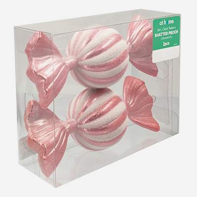 Mrs. Claus' Bakery 2-Count Pink & White Candy Shatterproof Ornaments, 6.3" | At Home