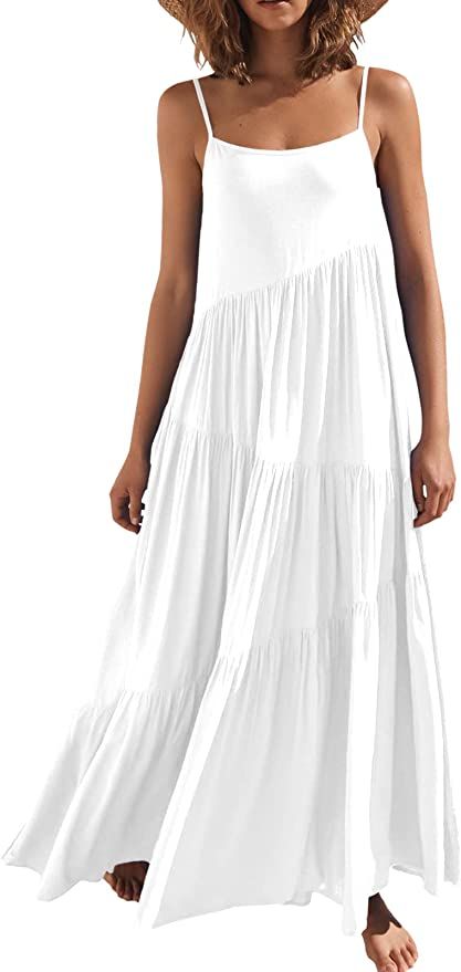 LOGENE Women's Summer Casual Loose Dress Spaghetti Strap Beach Cover Up Long Cami Maxi Dresses | Amazon (US)