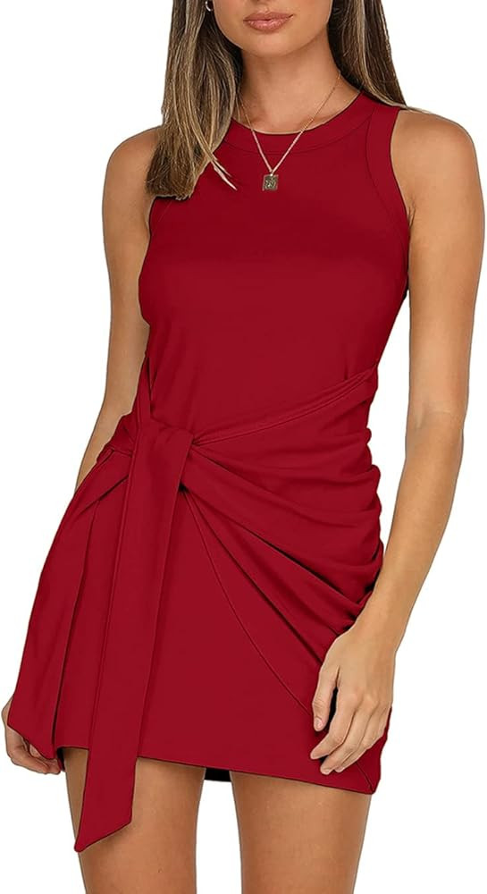 LIYOHON Women's Summer Casual Beach Dress Sleeveless Ruched Tie Tank Bodycon Wrap Mini Dresses | Amazon (US)