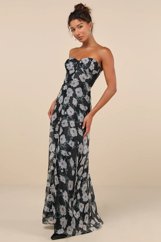 Chic Preciousness Black Floral Organza Bustier Maxi Dress | Lulus