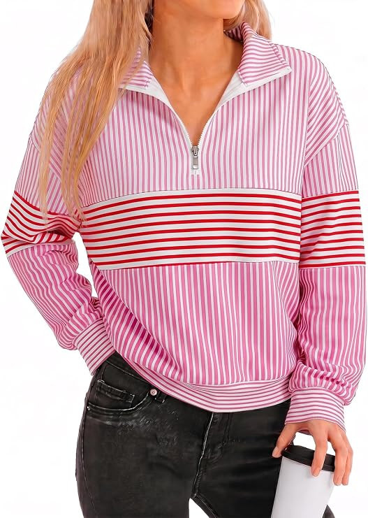 Fisoew Womens Quarter Zip Color Block Sweatshirt Long Sleeve Striped Half Zip Pullover Casual Ove... | Amazon (US)