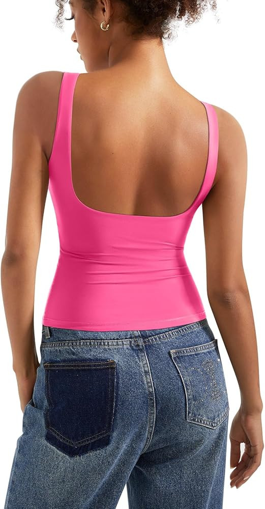 SUUKSESS Women Padded Open Back Boat Neck Tank Tops Double Lined Basic Shirts | Amazon (US)