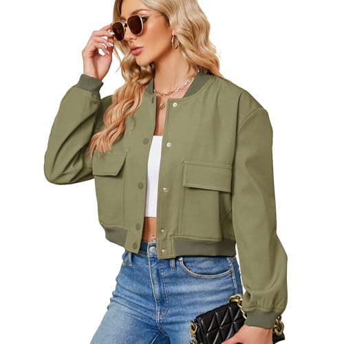 Zando Army Green Jacket Women - Green Army Jackets for Womens Trendy Button Down Cropped Bomber Jacket Women with Pockets Long Sleeve Baseball Varsity Jackets for Daily Work Outdoor Travel M | Amazon (US)