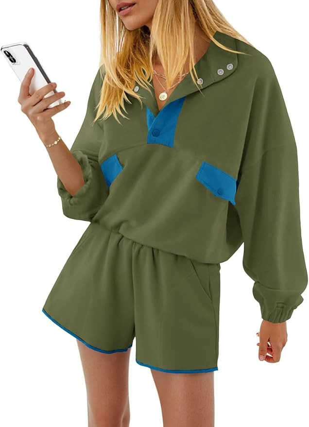 Fisoew Womens 2 Piece Sets Sweatsuits Casual Half Button Color Block Sweatshirts Running Shorts T... | Amazon (US)
