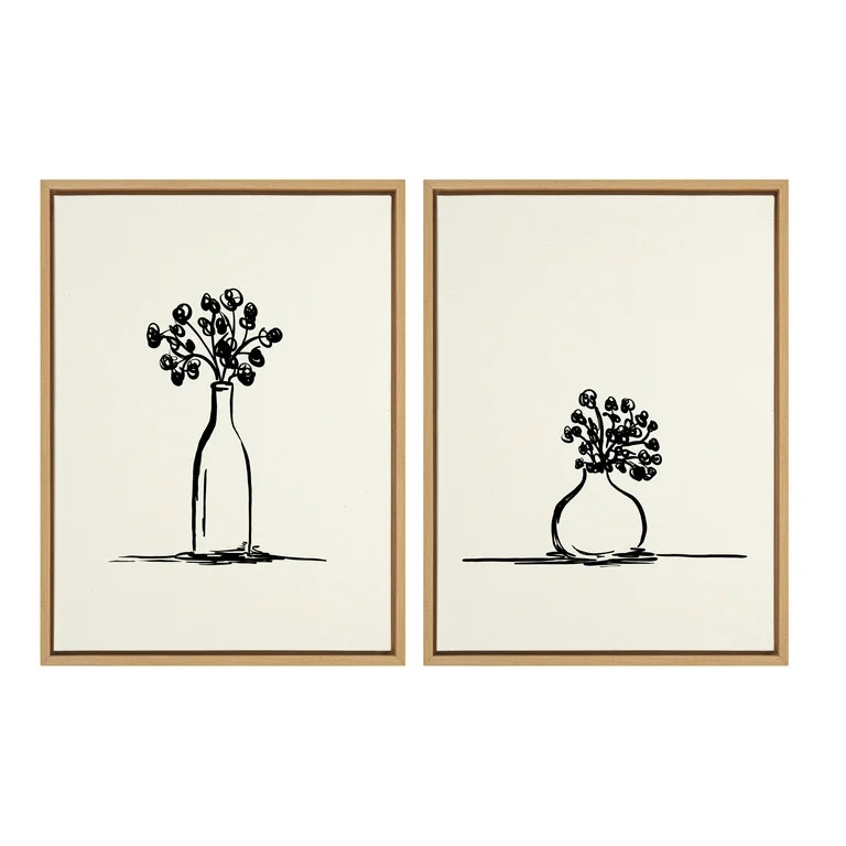 Kate and Laurel Sylvie Still Life Sketched Botanical Flower Vase Art Set on Framed Linen Textured... | Walmart (US)