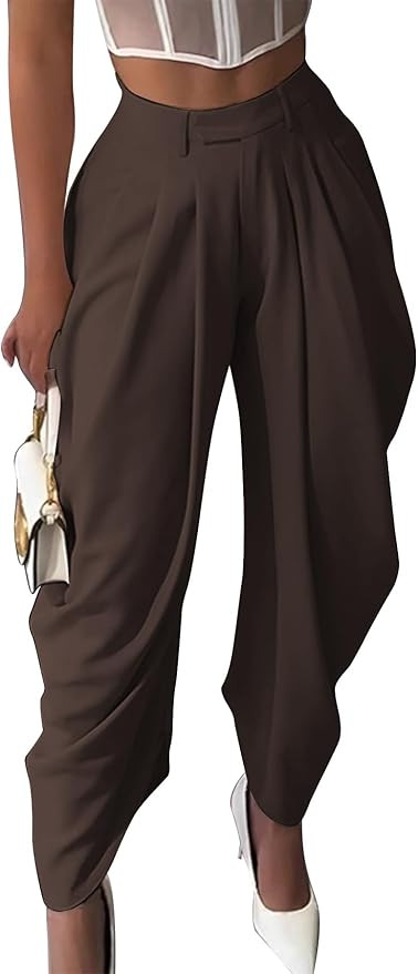 Vakkest Women's Pleated Dress Pants Baggy Barrel Harem Slacks High Waisted Wide Leg Business Work... | Amazon (US)