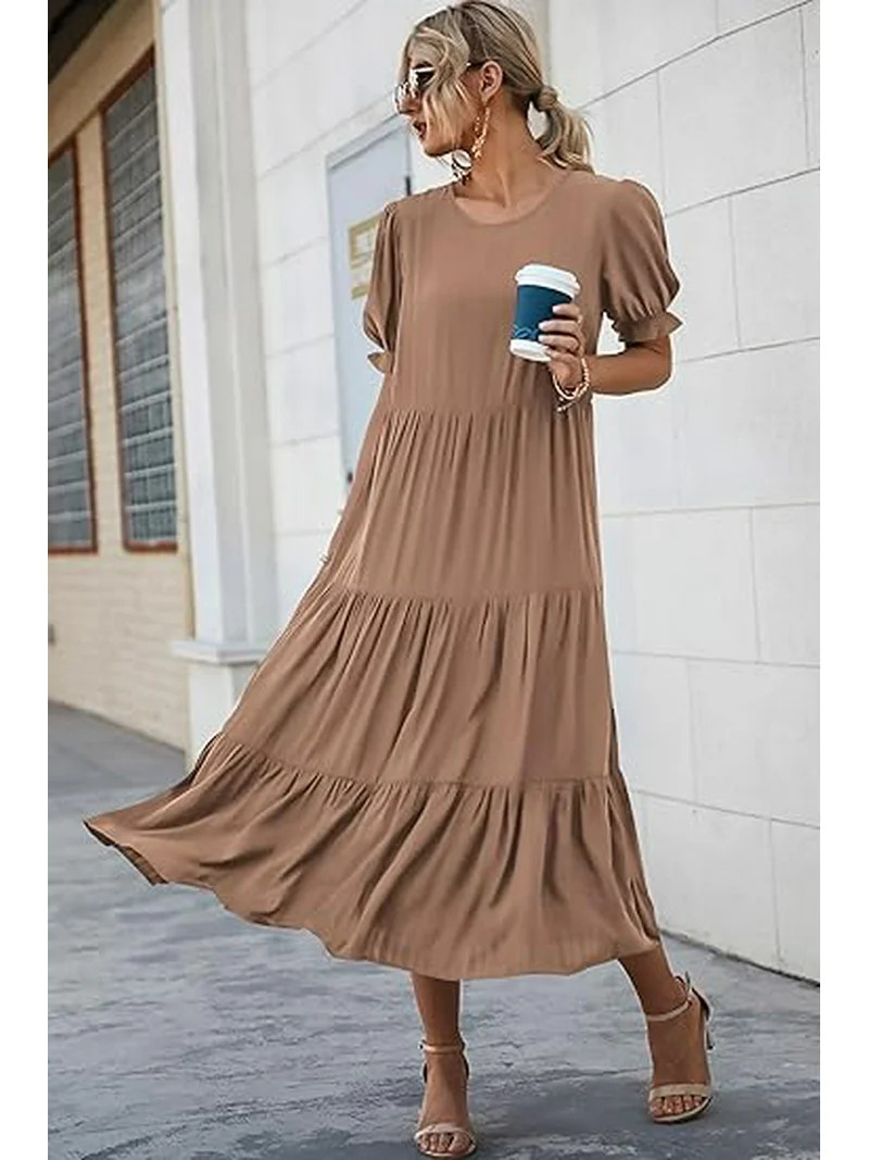 PRETTYGARDEN Women's Summer Casual Boho Dress Floral Print Ruffle Puff Short Sleeve Flowy Midi Be... | Walmart (US)