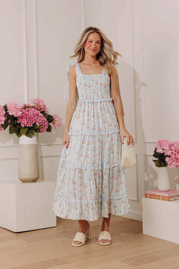 Prairie Bloom Floral Tiered Midi Dress in Light Blue | Impressions Online Boutique