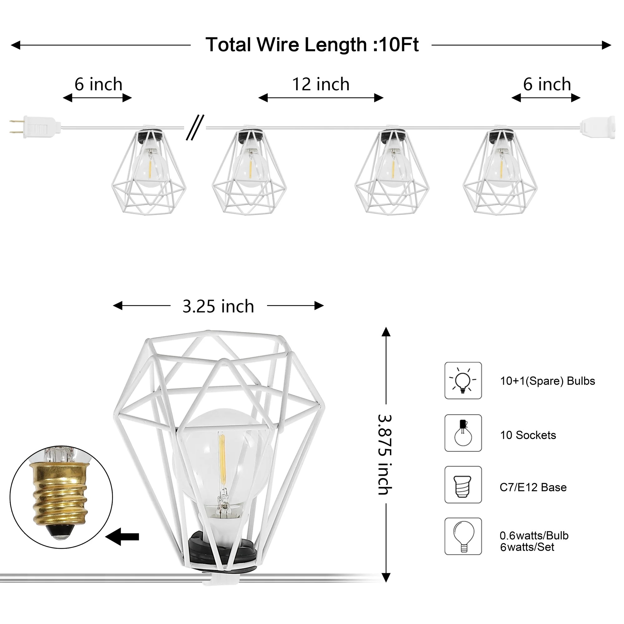 JONATHAN Y 10-Light Indoor/Outdoor 10 ft. Contemporary Transitional LED G40 Diamond Cage String L... | Walmart (US)