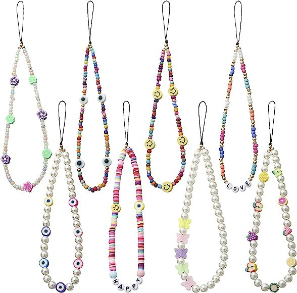 Taouzi 6PCS Beaded Phone Lanyard Wrist Strap Face Beaded Phone Charm Fruit Star Pearl Rainbow Col... | Amazon (US)