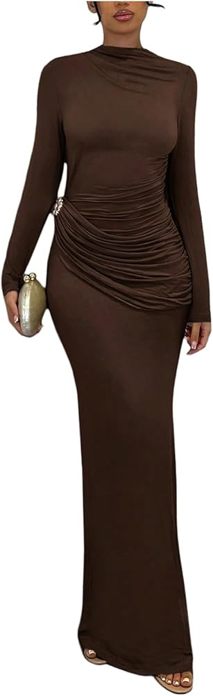 Milumia Women's Ruched Mock Neck Long Sleeve Maxi Dress Elegant Metal Bodycon Wedding Guest Dress... | Amazon (US)