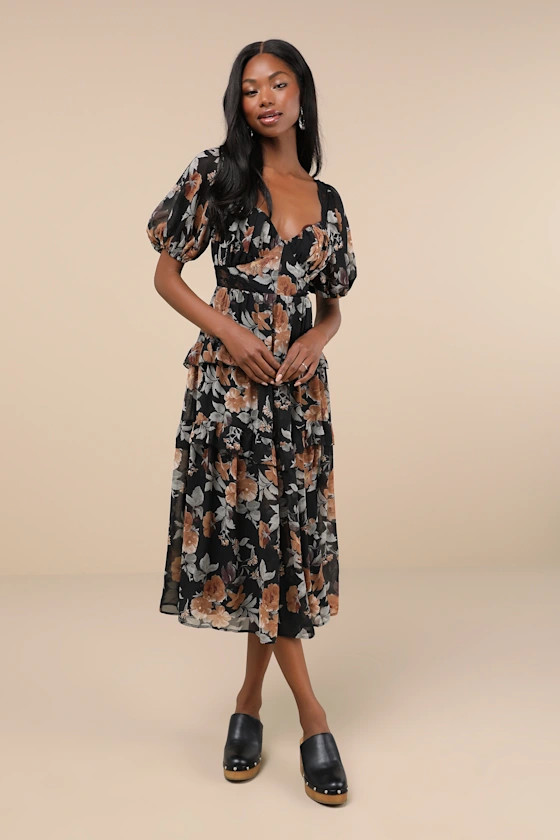 Fawning Favorite Black Floral Dress Midi Dress With Sleeves Midi Cocktail Dress Casual Fall Outfit | Lulus