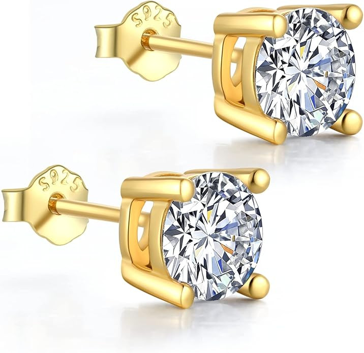 18K Gold Plated Sterling Silver Cubic Zirconia Stud Earrings for Women Men, Simulated Diamond CZ ... | Amazon (US)