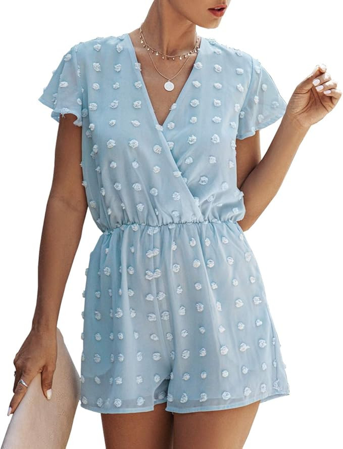 BTFBM Women Fashion Wrap V-Neck Swiss Dot Print Short Sleeve Elastic Waist Plain Summer Pockets S... | Amazon (US)