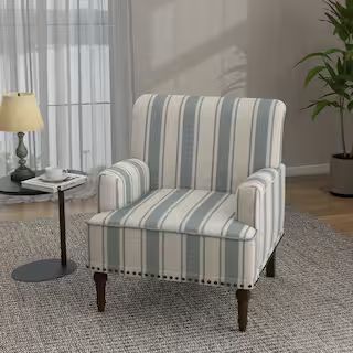 Uixe Mid-Century Modern Blue And Beige Striped Accent Arm Chair with Wood Legs (Set of 1) FOP-SF0... | The Home Depot