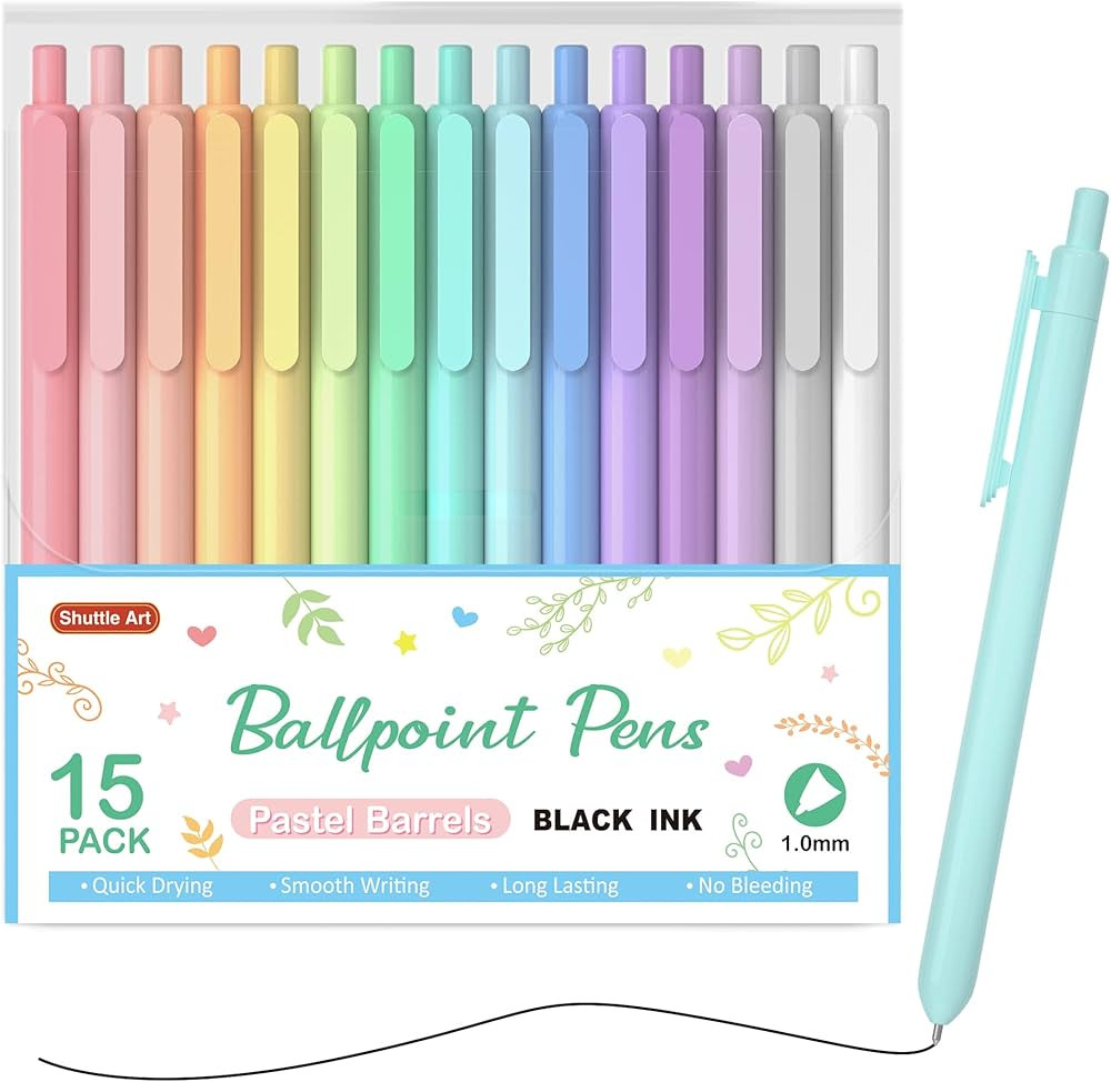 Shuttle Art 15 Pack Ballpoint Pens, Retractable Pastel Ballpoint Pens Black Ink, Cute Pens 1.0mm ... | Amazon (US)