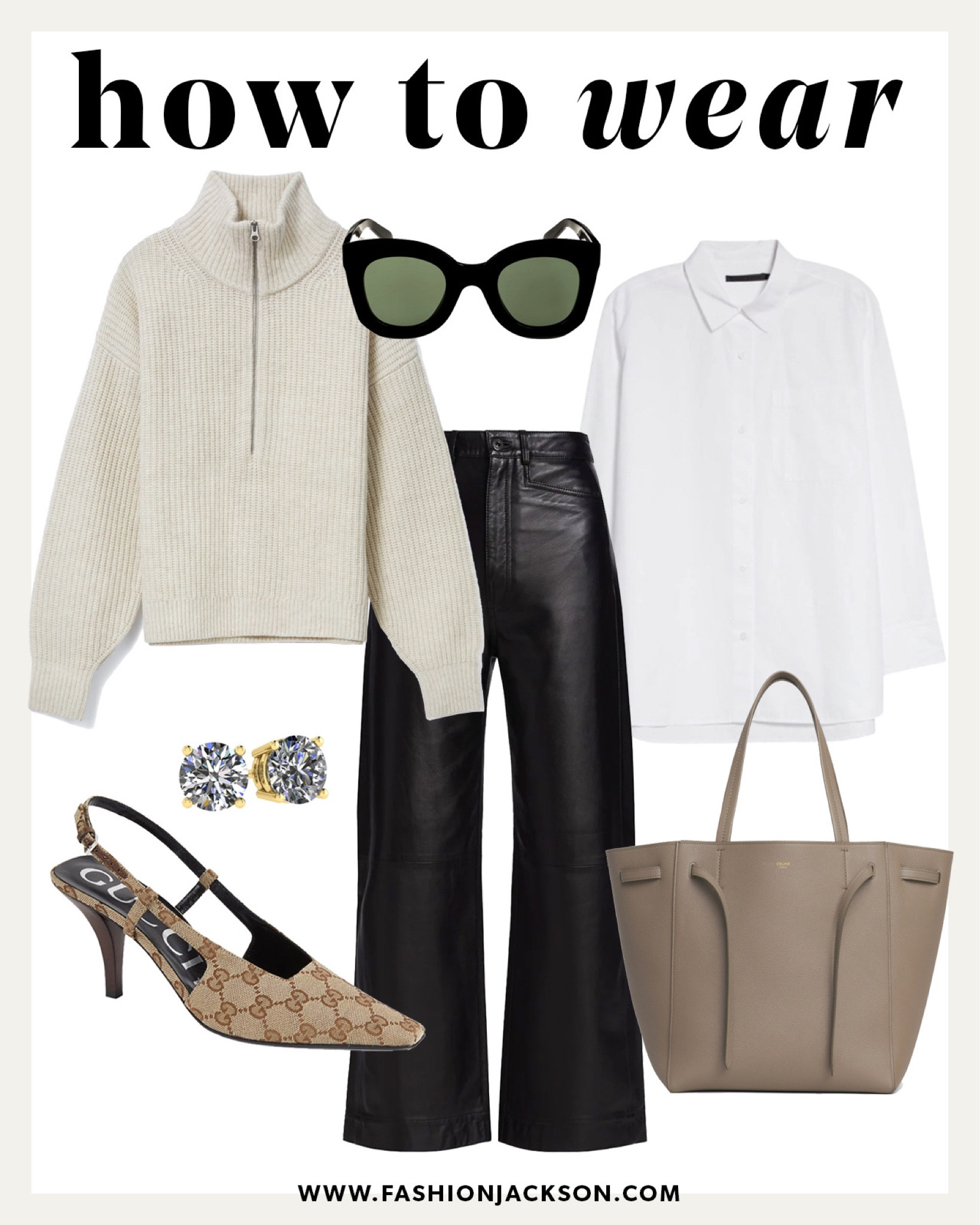 Fashion Jackson wearing fall workwear outfit, black leather pants, half zip sweater, white shirt (JACKSON15 discount) Gucci slingbacks, tote, #workwear #fashionjackson #falloutfits 

#LTKworkwear #LTKSeasonal #LTKstyletip