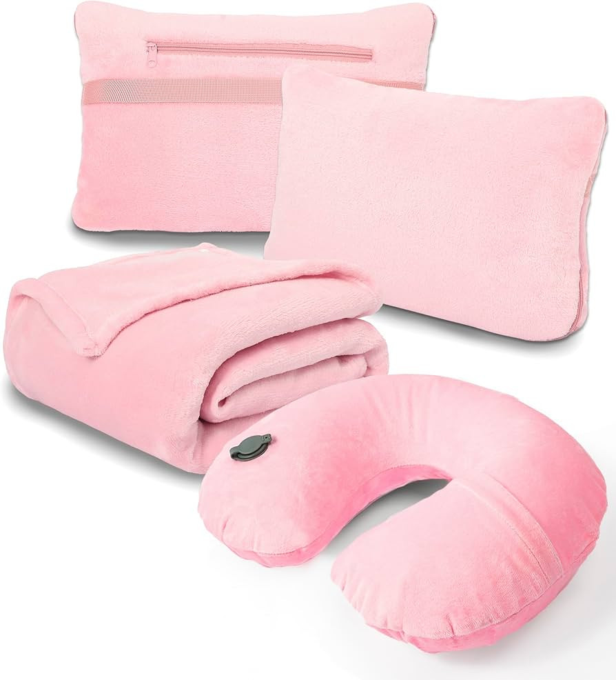 Travel Blanket and Pillow Set - Inflatable Travel Neck Pillow with Washable Soft Cover, Premium S... | Amazon (US)