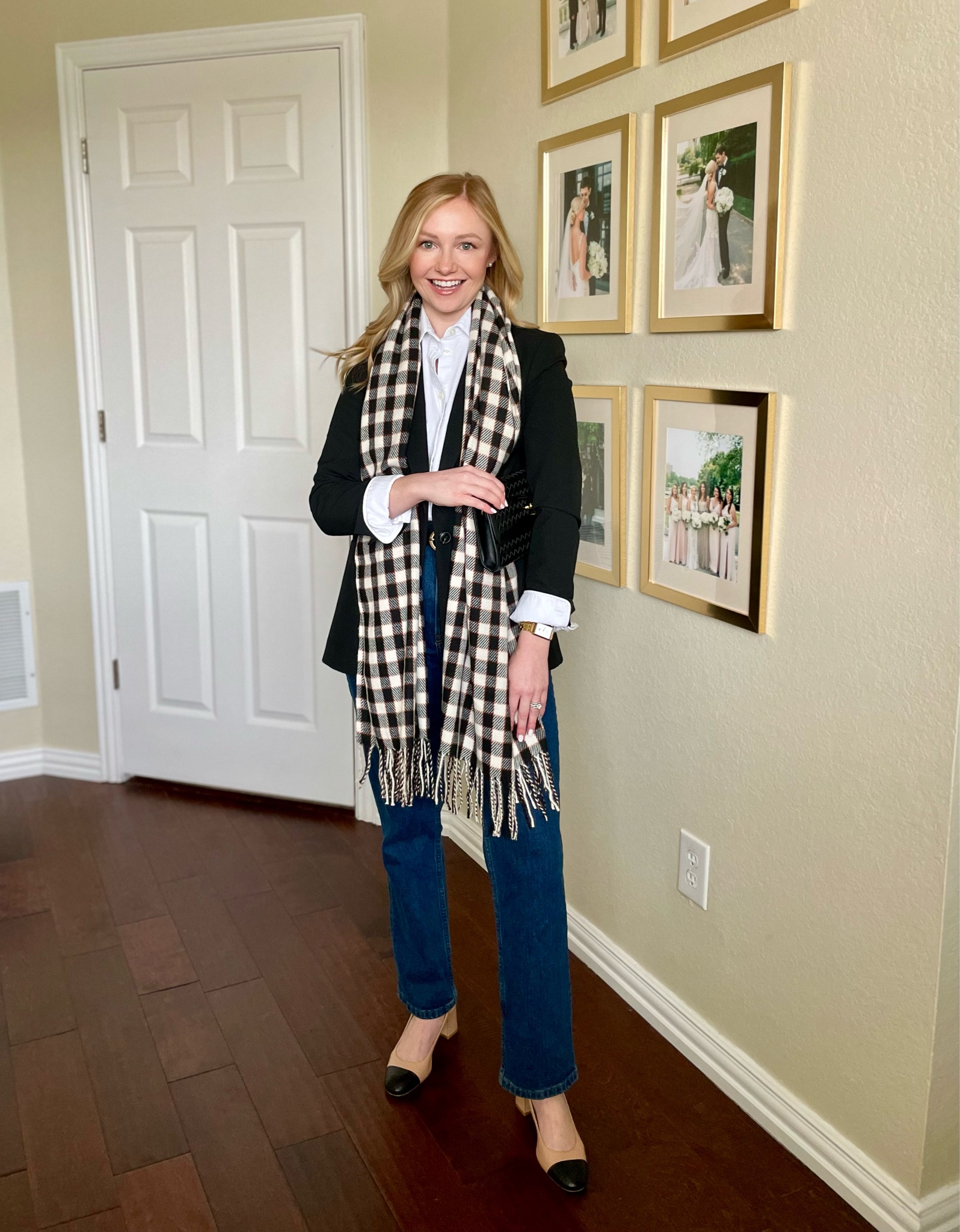 Inspire by Kate Middleton! Wearing a 0 in blazer, XS in button up and 26S in jeans | casual outfit, winter outfit, dark jeans, straight jeans, black blazer, blazer outfit 

#LTKFindsUnder100 #LTKStyleTip #LTKSeasonal