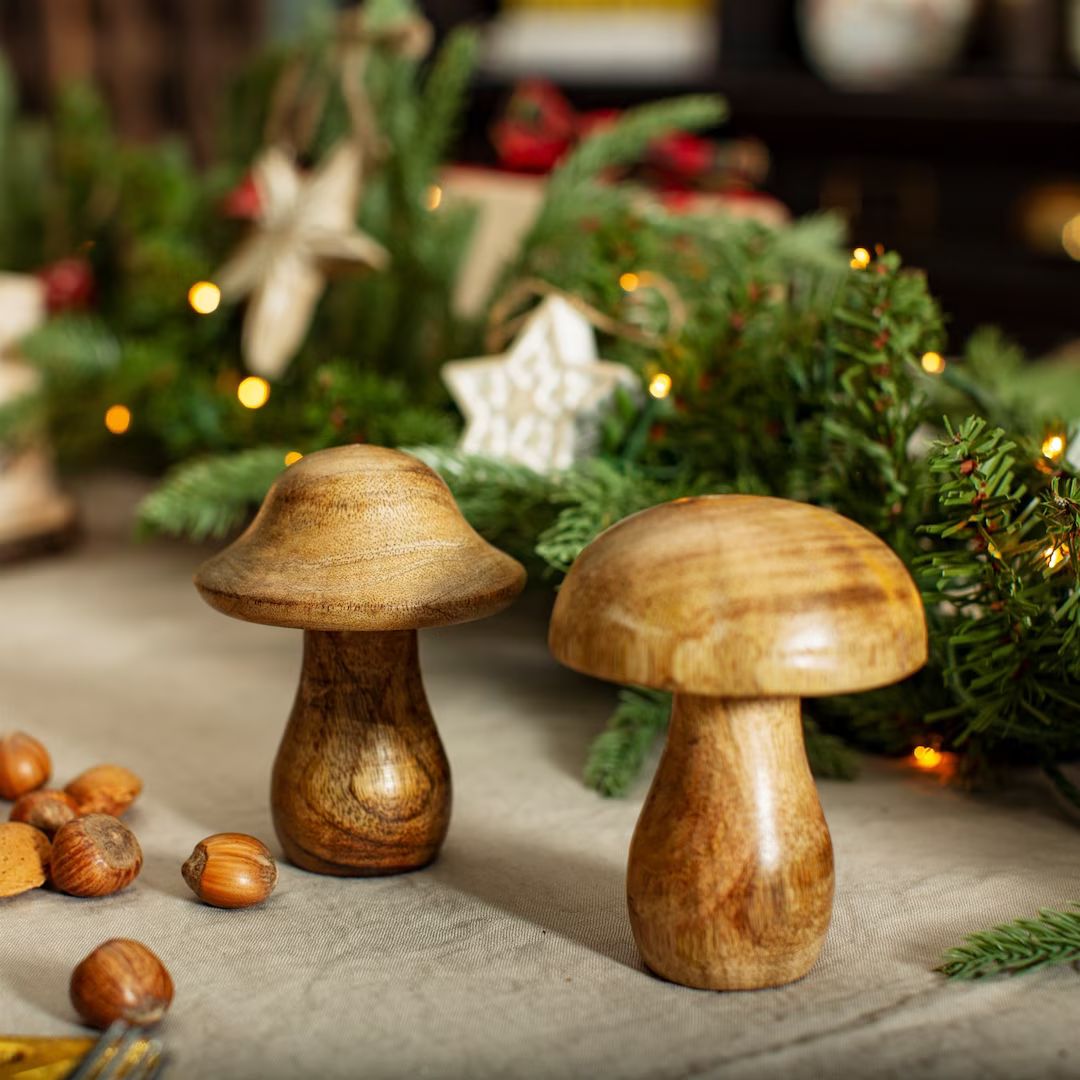 Natural Wood Mushroom Toadstool Christmas Ornaments LARGE  - Etsy | Etsy (US)