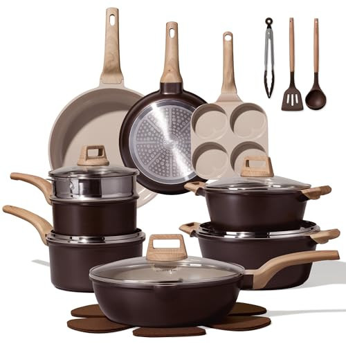 CAROTE 21 PCS Ceramic Cookware Set, Pots and Pans Set Non Stick, Pot and Pan Set with Frying Pan, Induction Ready Cooking Set for Kitchen, PFOS/PFOA/PFAS Free, Brown | Amazon (US)