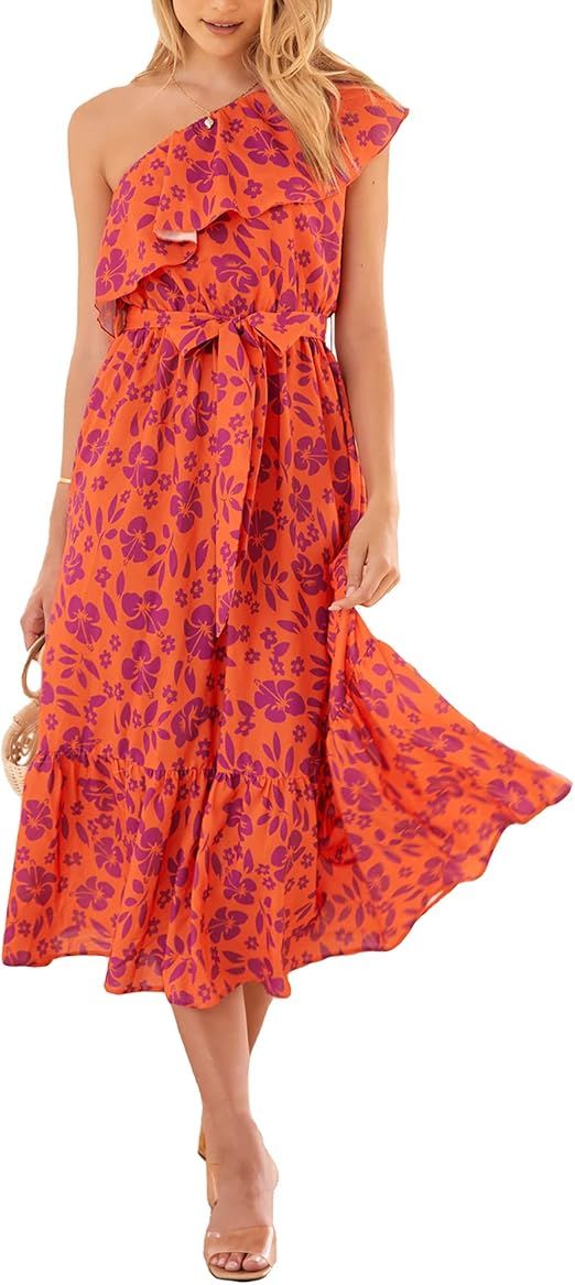 BTFBM Women's One Shoulder Maxi Dress Sleeveless Casual Summer Layered Ruffle Boho Floral Print P... | Amazon (US)