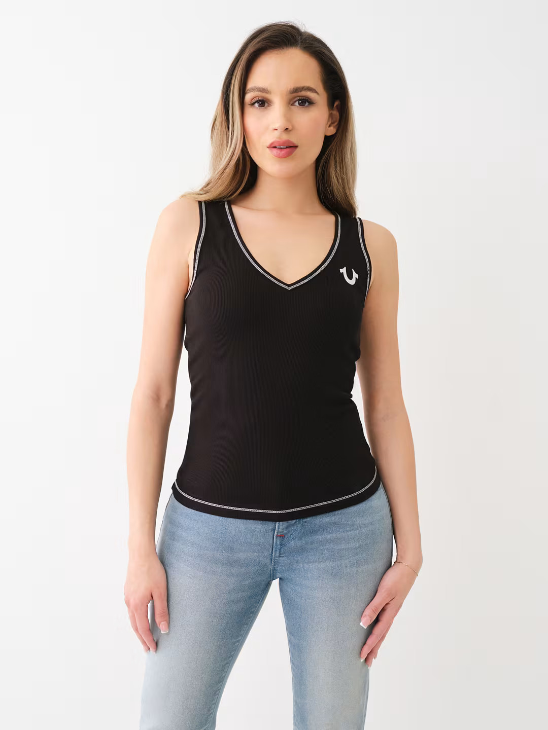 CONTRAST STITCH V NECK RIB TANK | True Religion