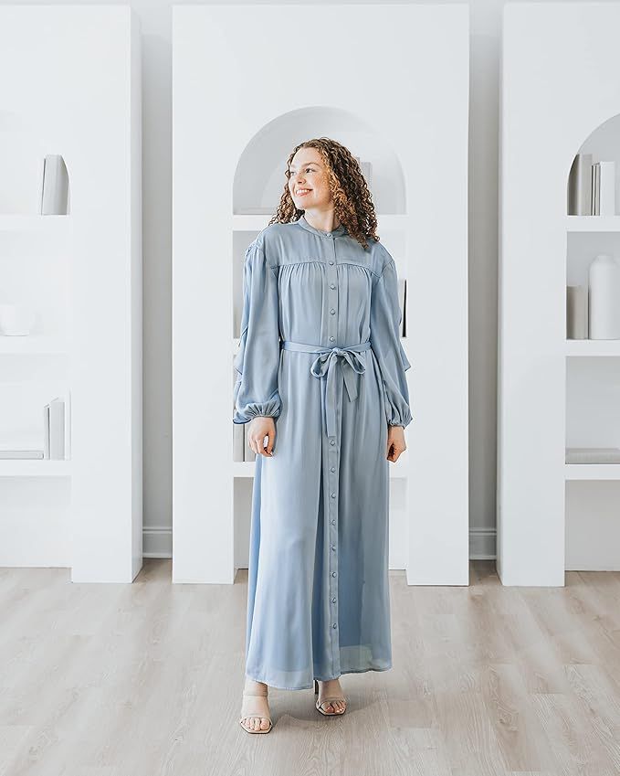 The Drop Women's Blue Fog Ruffle Sleeve Tie Maxi Dress by @withloveleena | Amazon (US)