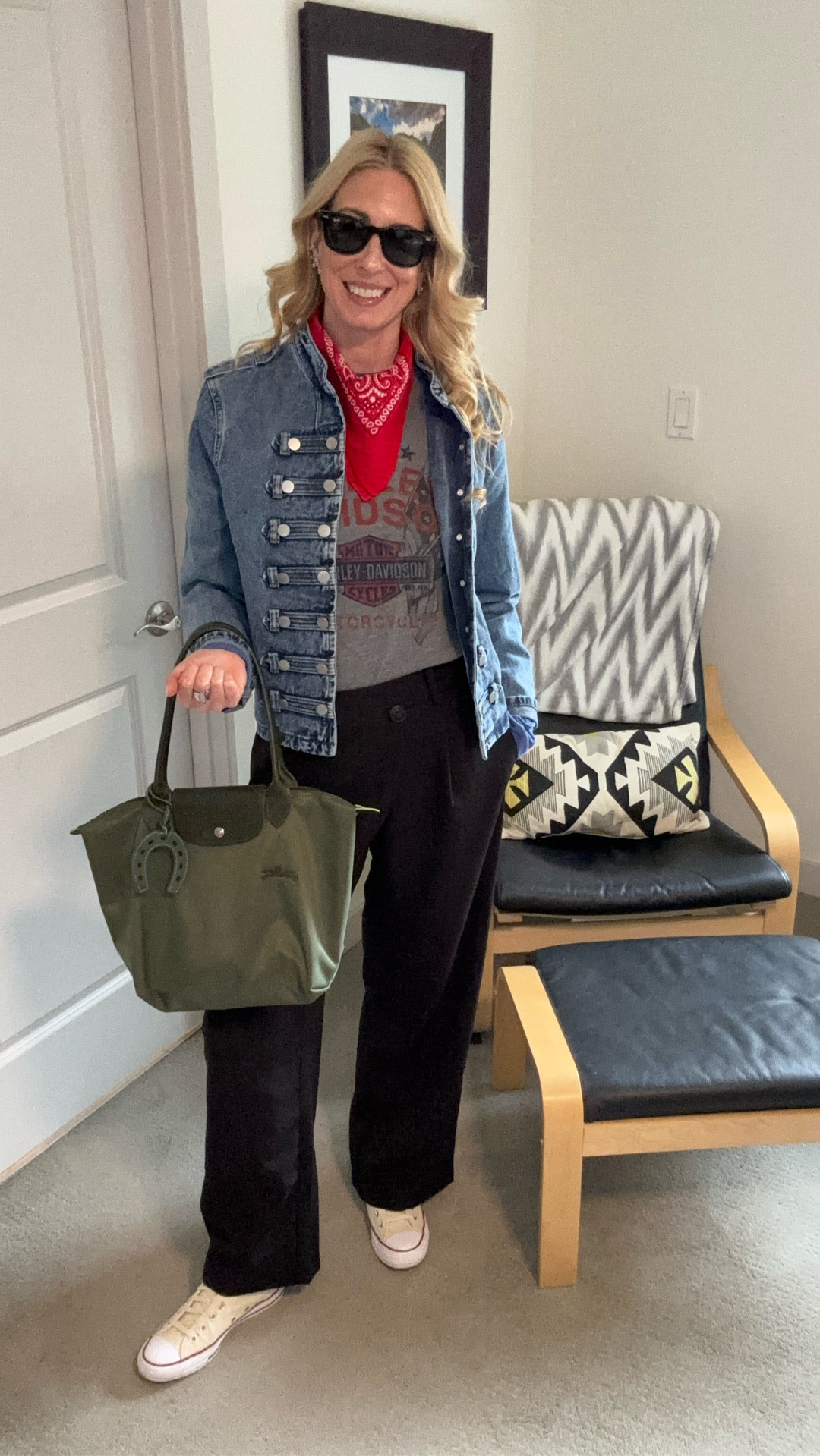 Military denim jacket and bandana @amazon
Vintage Raglan Harley Davidson, long sleeve @ebay
Black trouser pants @h&m 
Olive green bag @Longchamp 
High top tennis shoes @converse 
sunglasses @rayban wayfarers

#LTKOver40 #LTKTall #LTKootd