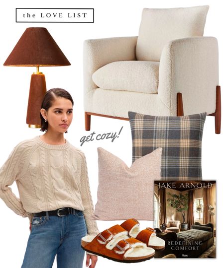 Cozy home fall decor // boucle furniture, velvet table lamp, plaid pillow, cable knit sweater, Birkenstock slipper, interior design book, gift idea 

#LTKhome #LTKSeasonal