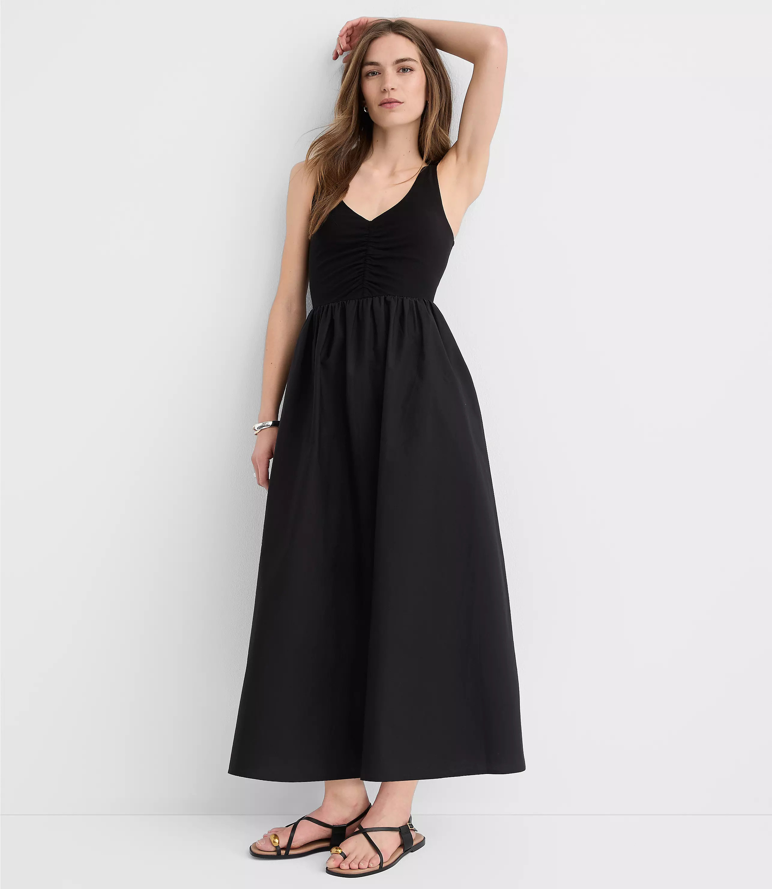 Ruched Mixed Media Midi Pocket Dress | LOFT