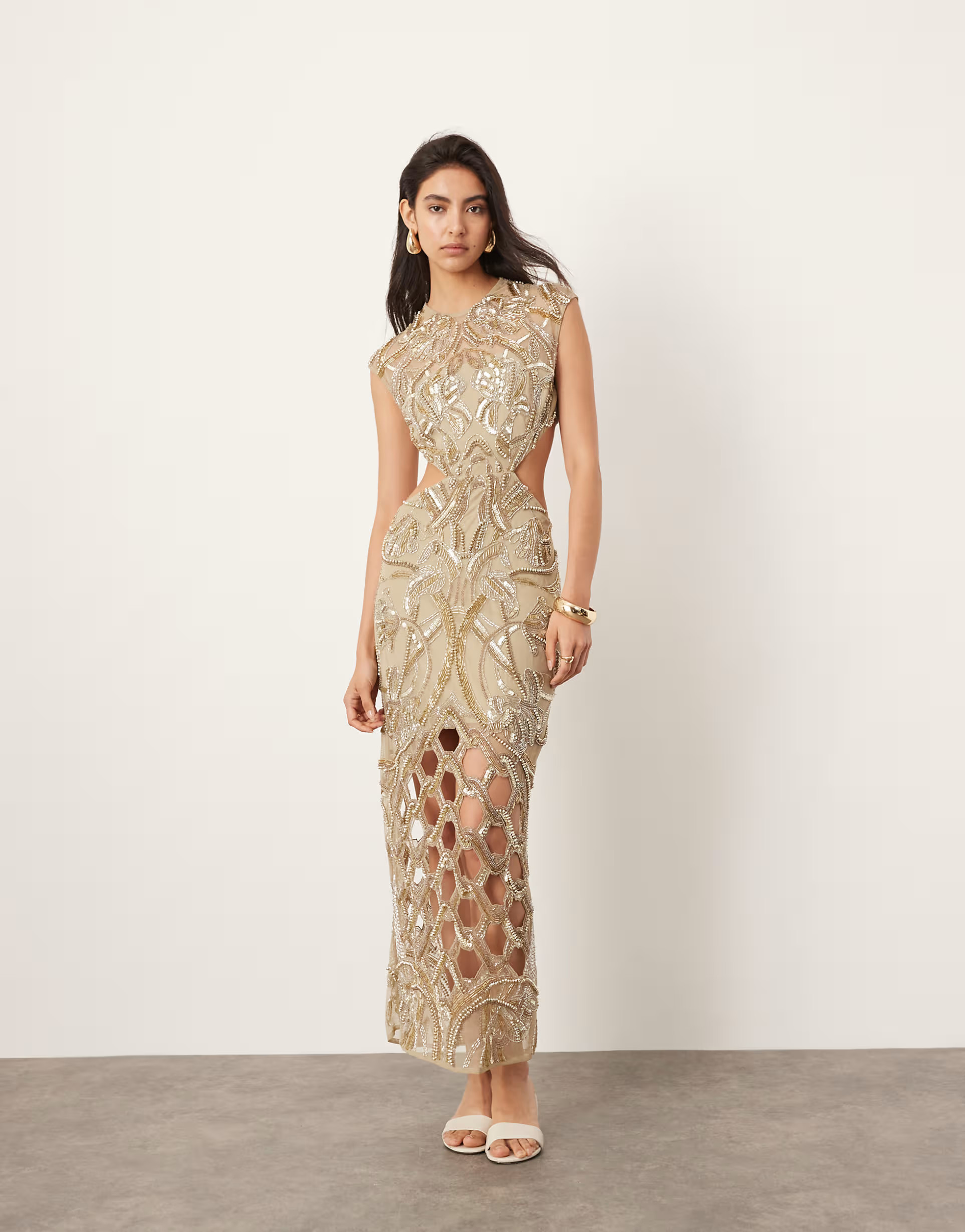 ASOS EDITION nouveau floral embellished high neck cap sleeve maxi dress in gold | ASOS (Global)
