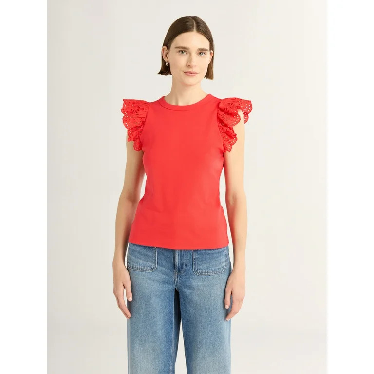 Free Assembly Women's and Women's Plus Eyelet Flutter Sleeve Tee, Sizes XS-4X | Walmart (US)