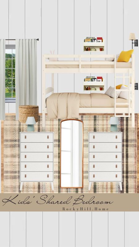 Shared Children’s Bedroom featuring a white bunk bed that can be separated to two twin beds, affordable kids furniture, gender neutral color palette, 5 drawer dressers, full length mirror, Chris Loves Julia rug, Target, Walmart

#LTKKids #LTKFamily #LTKHome