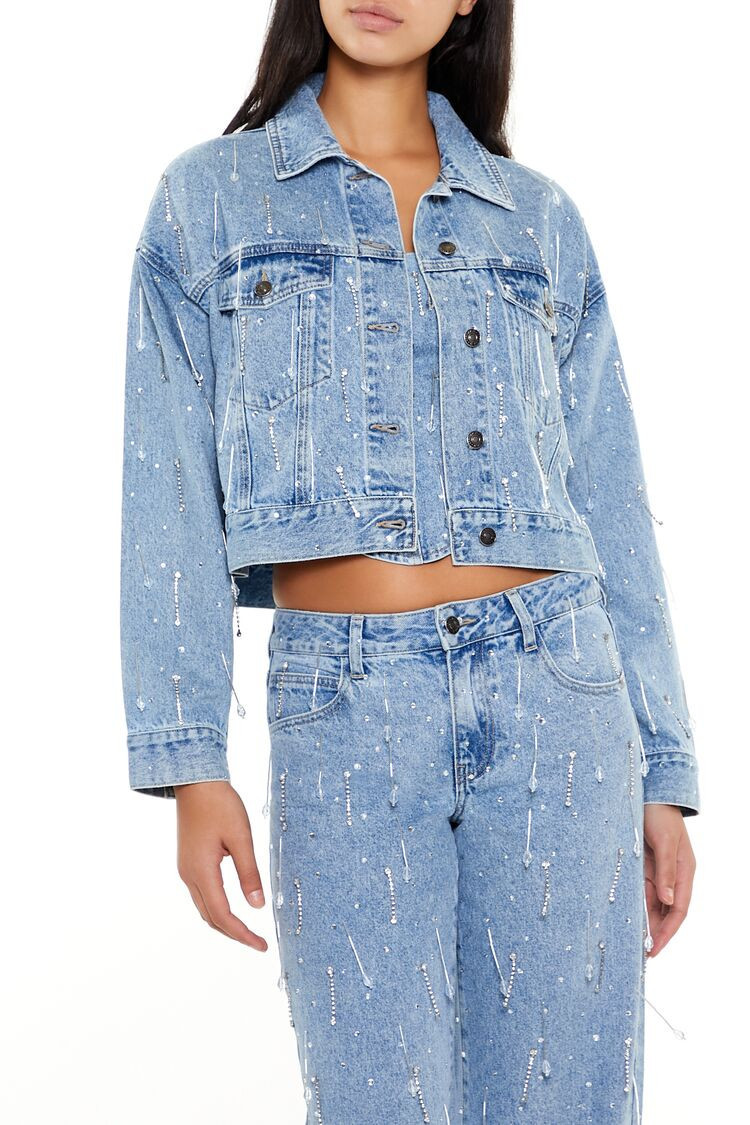 Women's Beaded Rhinestone Denim Jacket in Light Denim Large | Forever 21
