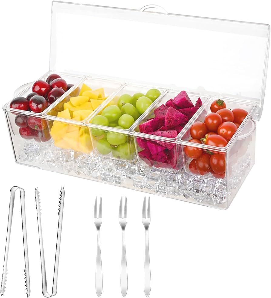 Ice Chilled Condiment Server Caddy, with 3 Stainless Steel Forks and 2 Tongs, Cold Serving Tray f... | Amazon (US)
