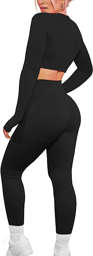 VALANDY Women's Workout Set 2 Piece Gym Seamless Leggings Ribbed Crop Top Active Wear Outfits | Amazon (US)