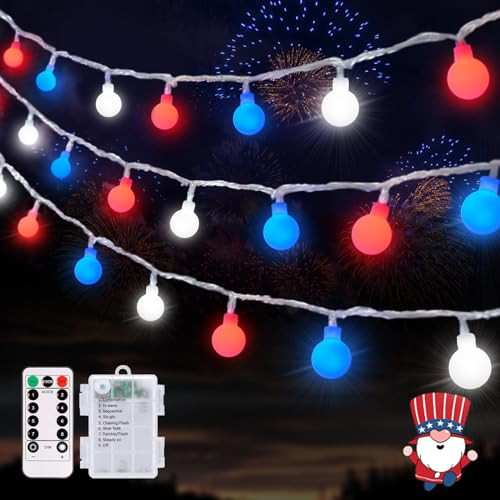JMEXSUSS Red White and Blue Lights Battery Operated, 33ft 4th of July Lights Outdoor Waterproof, 100 LED String Light for Independence Day Memorial Patriotic Day Decor | Amazon (US)
