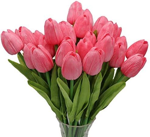Crafare 27PC Pink Artificial Tulips Flowers Real Touch Tulips for Wedding Bouquets Arrangement Va... | Amazon (US)