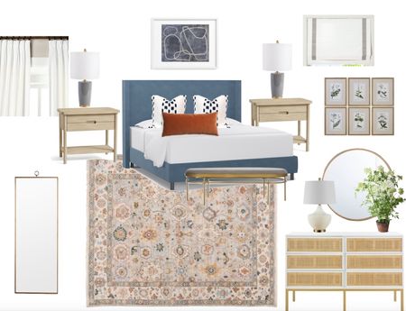 Fresh bedroom design with vintage rug, blue headboard, navy pillows, abstract art, wicker and white dresser, Roman shade, pleated linen curtains, and bleach oak nightstands 

#LTKFind #LTKhome #LTKstyletip