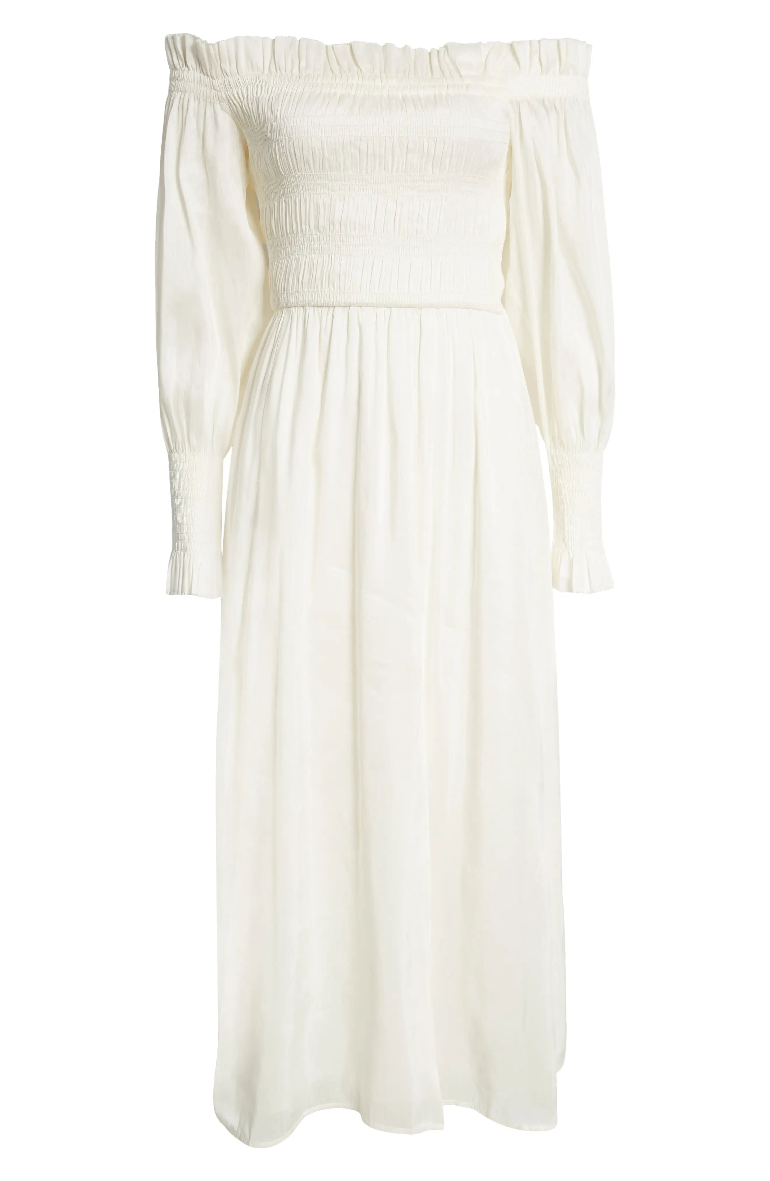 AllSaints Lary Shirred Off the Shoulder Linen & Silk Dress in Chalk White at Nordstrom, Size 2 Us | Nordstrom