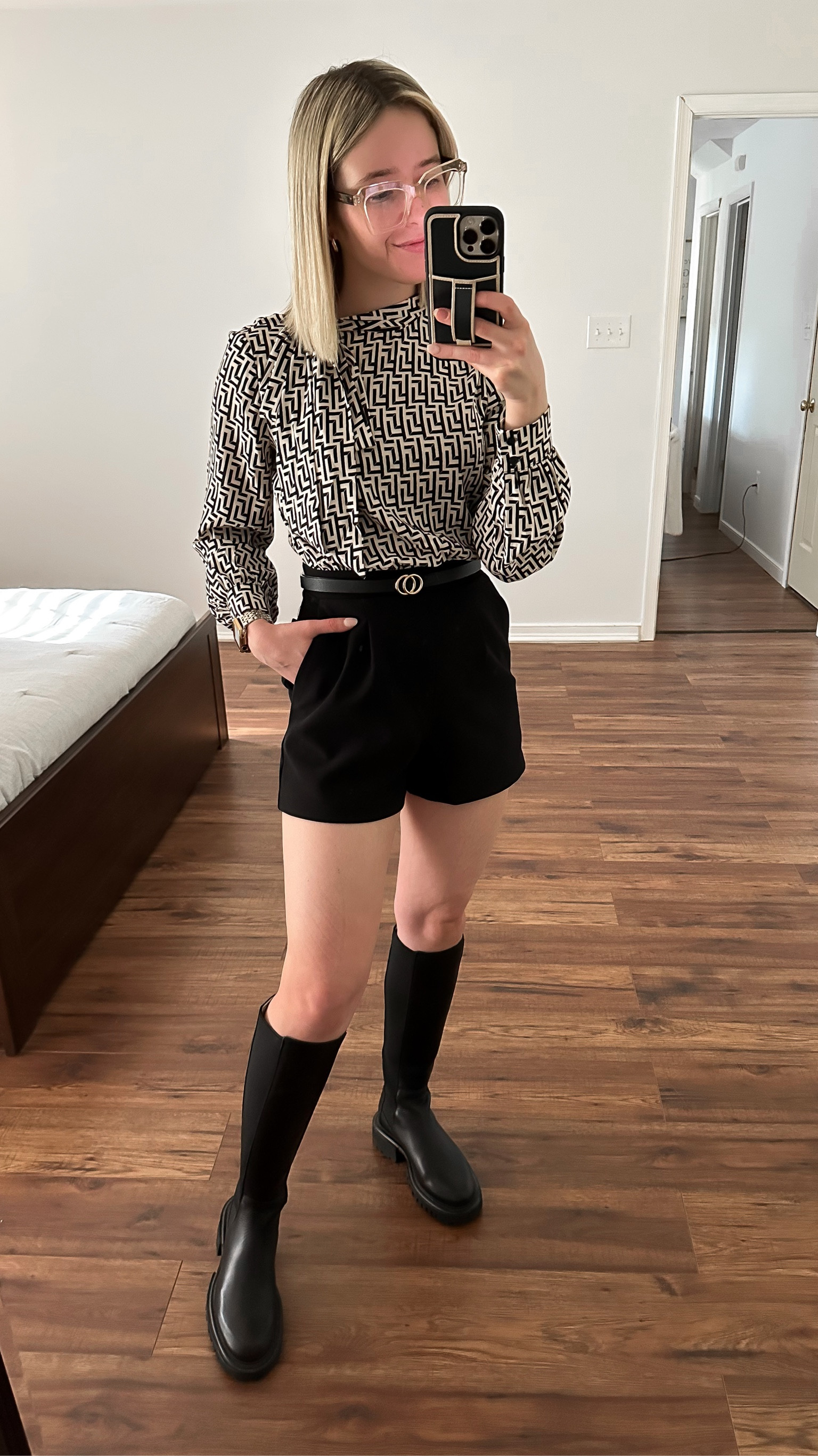 Express Printed Tie Neck Long Sleeve Romper XS TTS. SO comfy and stretchy 

AllSaints Maeve Knee High Chelsea Lug Boot TTS

#LTKworkwear #LTKstyletip #LTKshoecrush