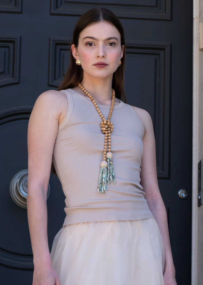 Neveah Wooden Knot Necklace with Beaded Tassels - Teal | Benaar La