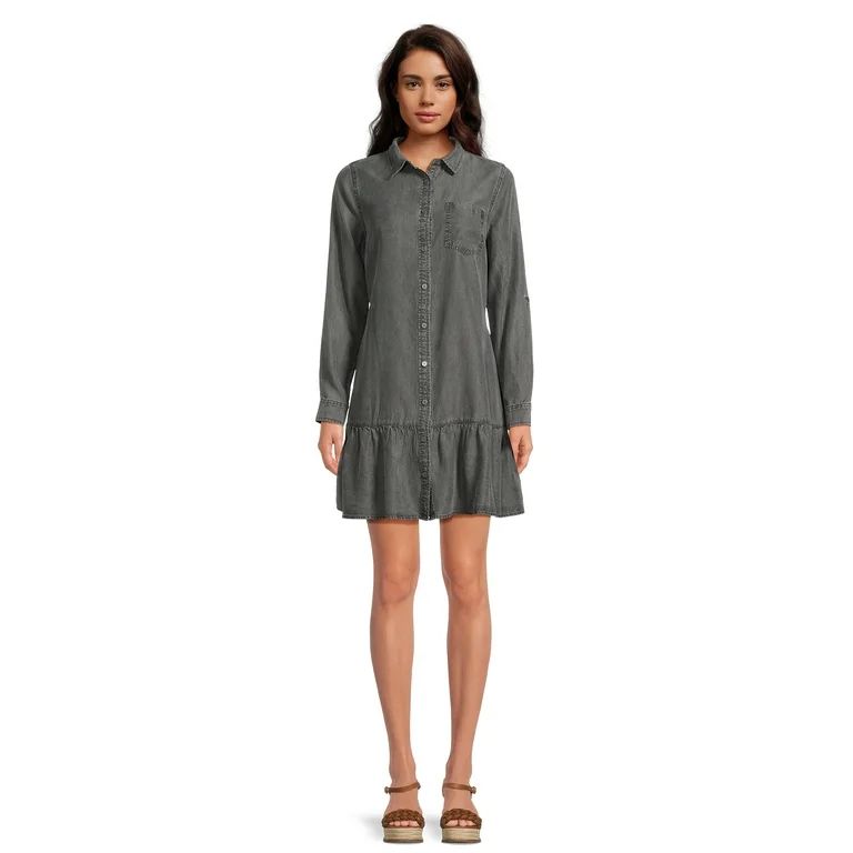 Time and Tru Women's Mini Shirt Dress with Long Sleeves, Sizes S-XXL | Walmart (US)