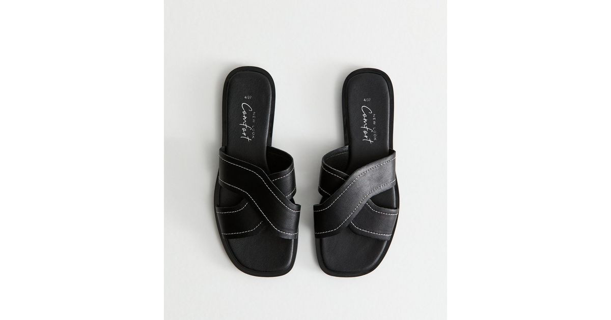 Black Faux Leather Crossover Strap Mule Sandals | New Look | New Look (UK)