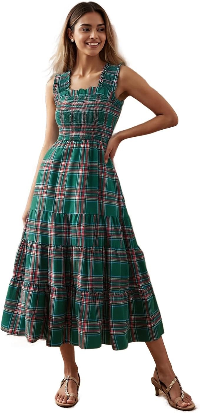 Women Boho Plaid Maxi Dress Sleeveless Ruffled A Line Dress Smocked Chest Dresses for Beach Stree... | Amazon (US)