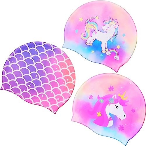 Syhood 3 Pcs Kids Swim Caps Baby Waterproof Bathing Caps Children Cartoon Swimming Hat for Long Short Hair Kids Boys Girls (Bright Color,Unicorn) | Amazon (US)